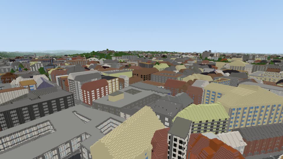 Central Brno from above: streets, roofs and courtyards in blocks, reaching to the horizon